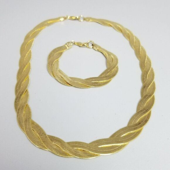 Vintage Avon Gold Tone Braided Herringbone Flat Chain Necklace Bracelet Set - Picture 8 of 8
